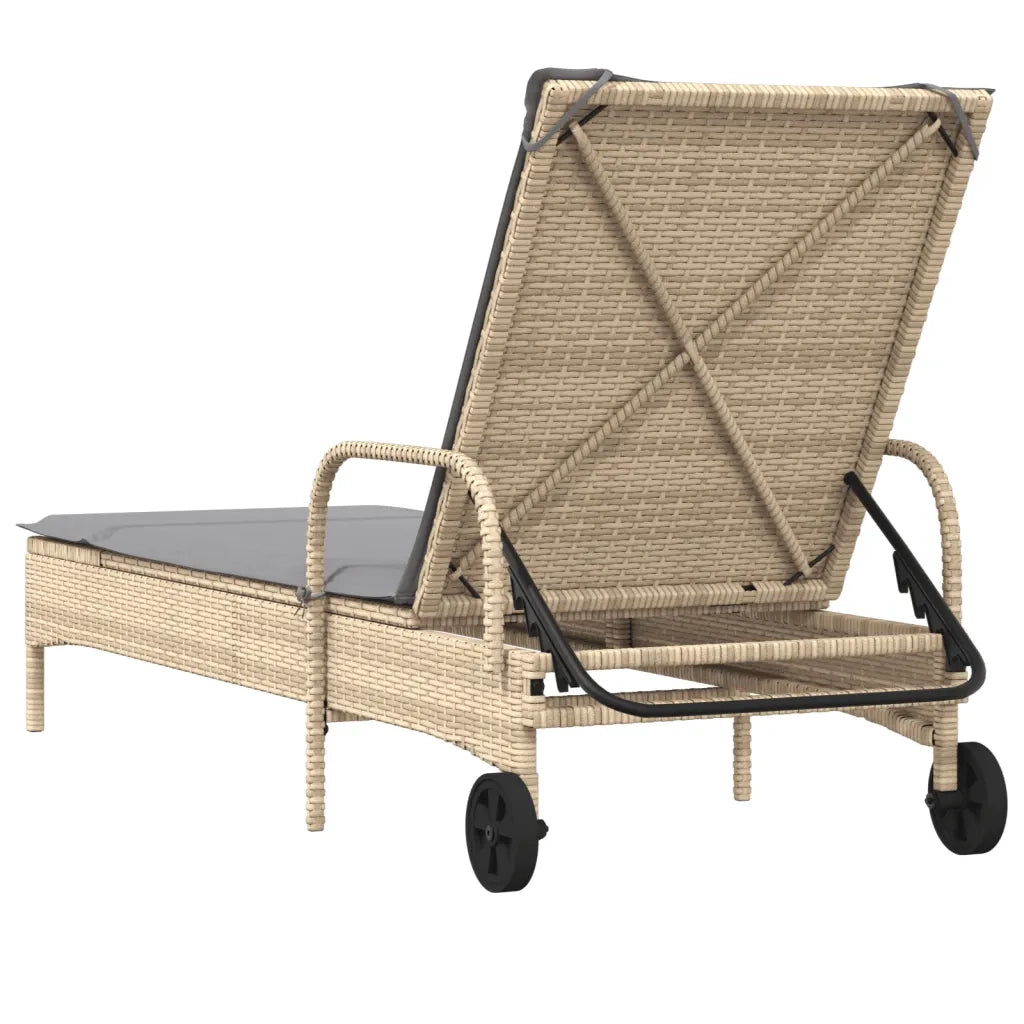 Lettino Prendisole | Sdraio da giardino | Lettino da sole con Ruote e Cuscino in Polyrattan Beige