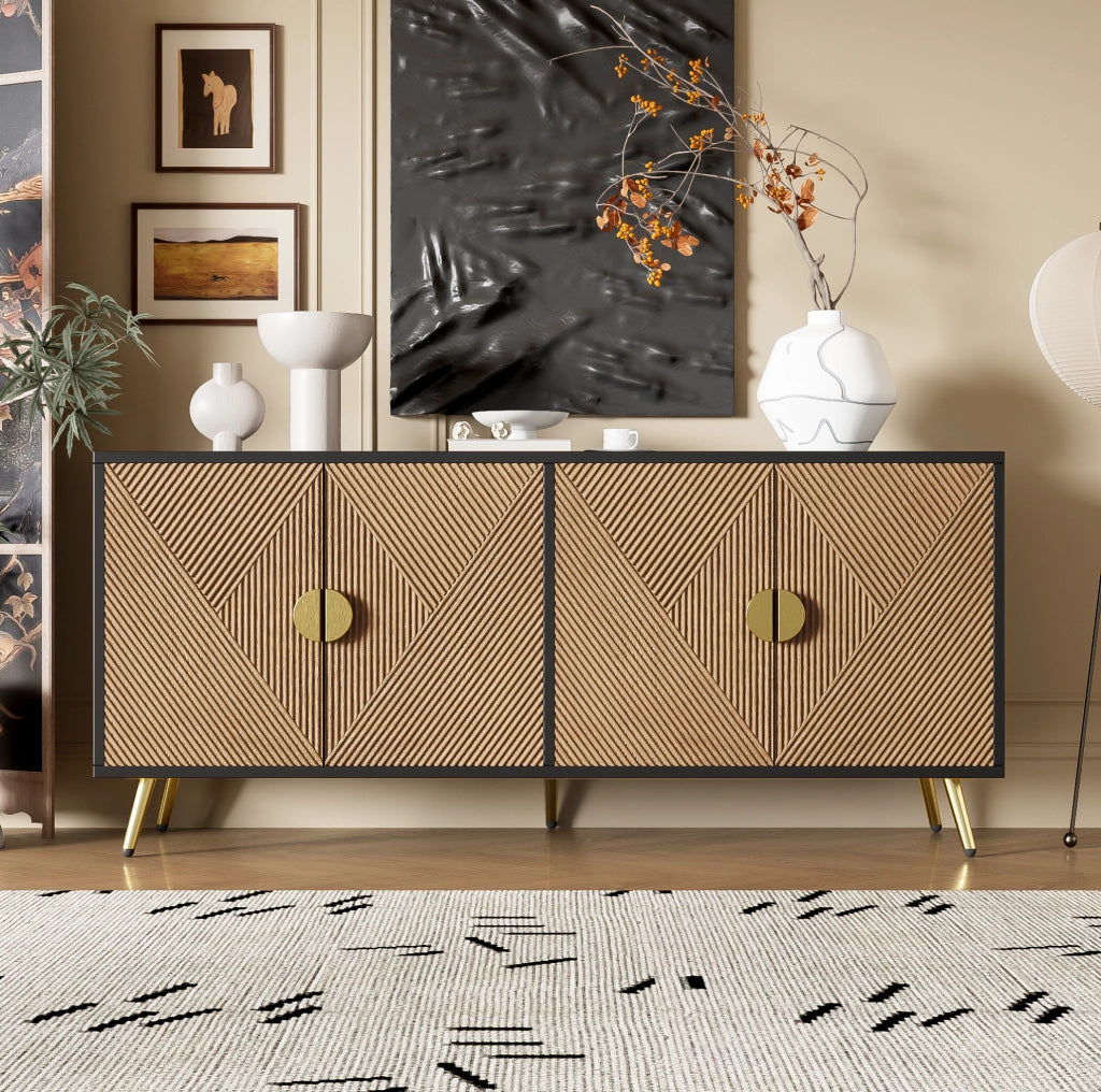 Credenza 160x40x75 cm a 4 ante con chiusura ammortizzata; MDF e pannello truciolare nero e legno