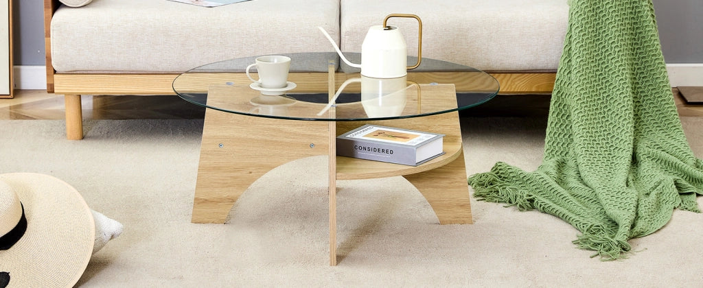 TAVOLINO DA CAFFÈ Rotondo Ø 80 x 36 cm Vetro Trasparente MDF Effetto Legno