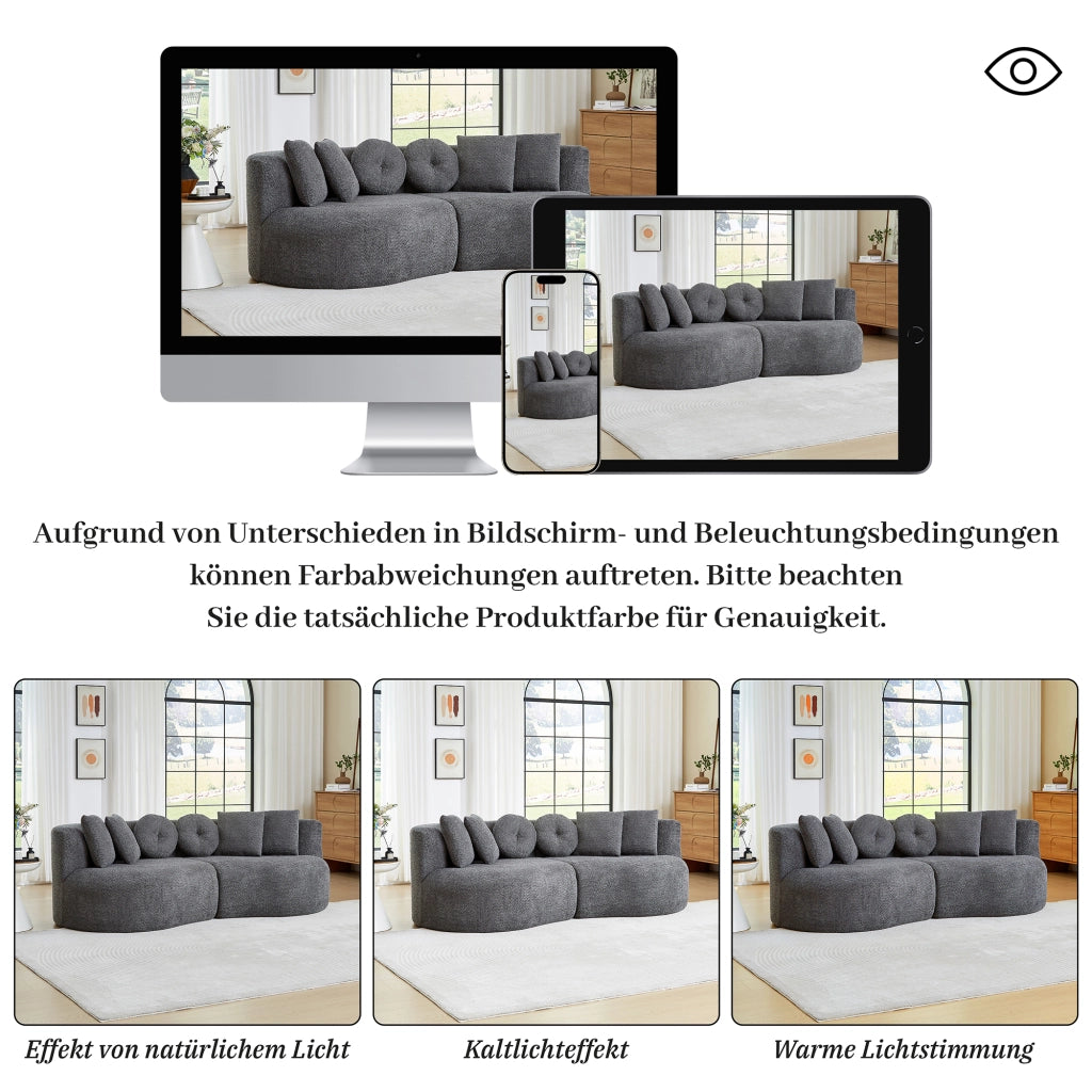 Divano modulare a 2 posti in chenille grigio antracite con schienale continuo e 6 cuscini, design curvo