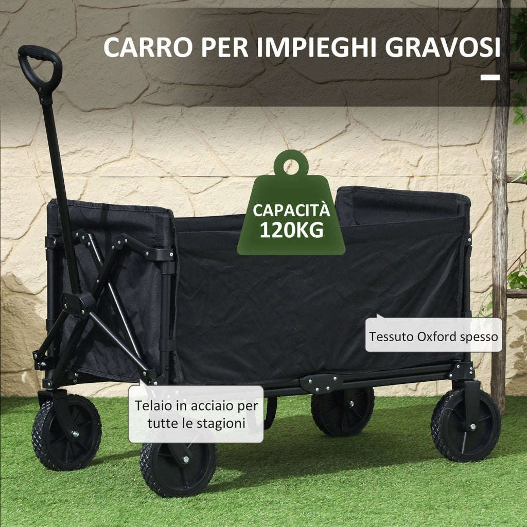 Carrello da Giardino 90x48x62 cm da 120L Pieghevole in Acciaio e Poliestere Nero