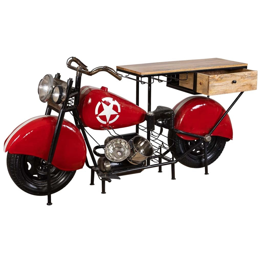 Barra portabottiglie moto in legno rosso e metallo 200x43x94h