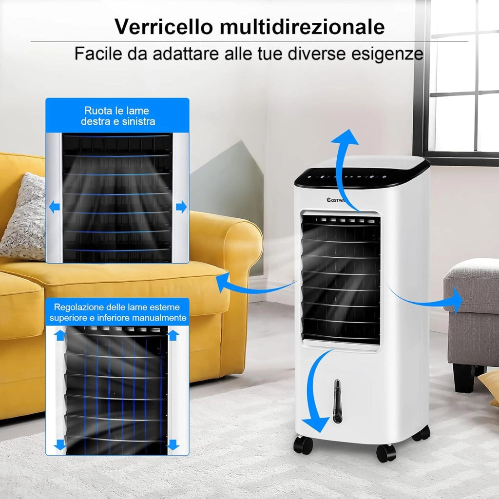 Condizionatore Portatile 4 in 1, Con Raffreddamento, Ventola, Umidificazione, Purificazione, Serbatoio dell’acqua di 7 L, 7,5 H Timer, Con Telecomando e Ruote