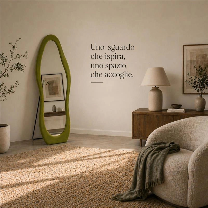 SPECCHIO ONDA IN VELLUTO VERDE CON PIEDE E GANCI PER APPENDERE MISURE: 60X160 CM