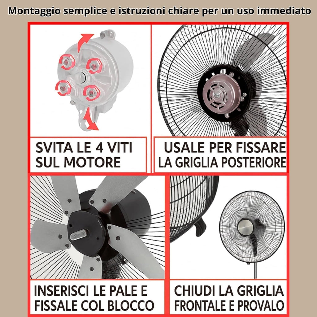 Ventilatore A Piantana, Ventilatore Potente Elettrico In Acciaio Con 5 Pale In Alluminio