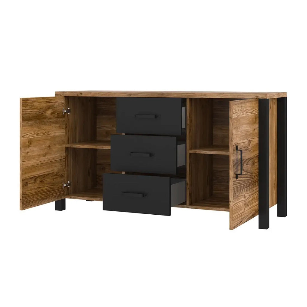 Credenza 150cm collezione DARWIN. Colore abete e nero. 2 porte e 3 cassetti.