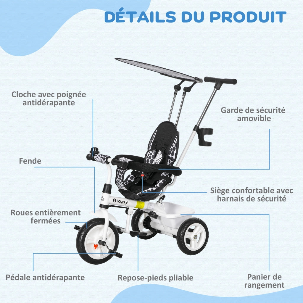 Triciclo per Bambini con Cestino e Ombrellino ¨C zephmum ¨C 105x47x98 cm Bianco e Nero