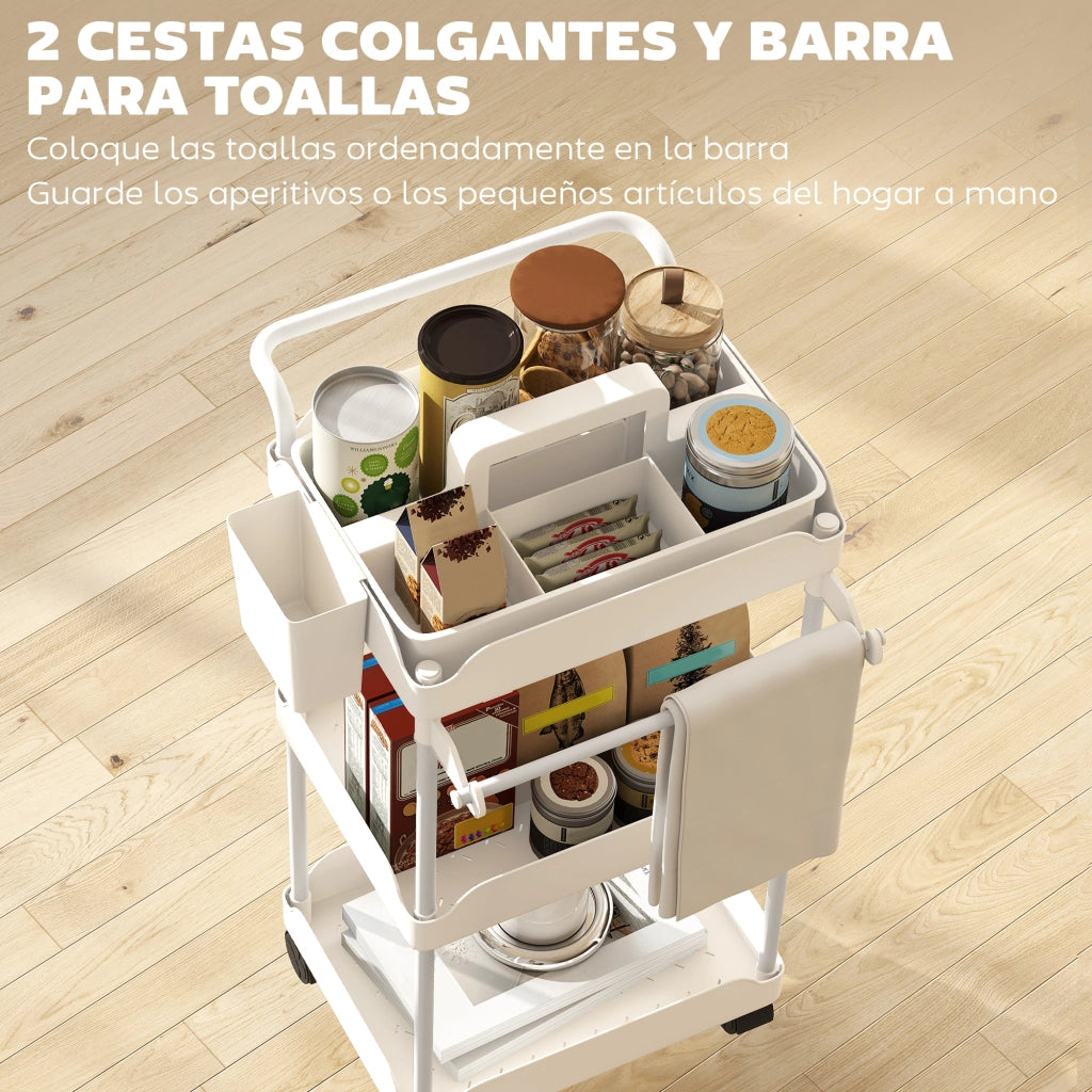 Carrello da cucina con 3 livelli e cestini estraibili ¨C Zephmum ¨C Bianco