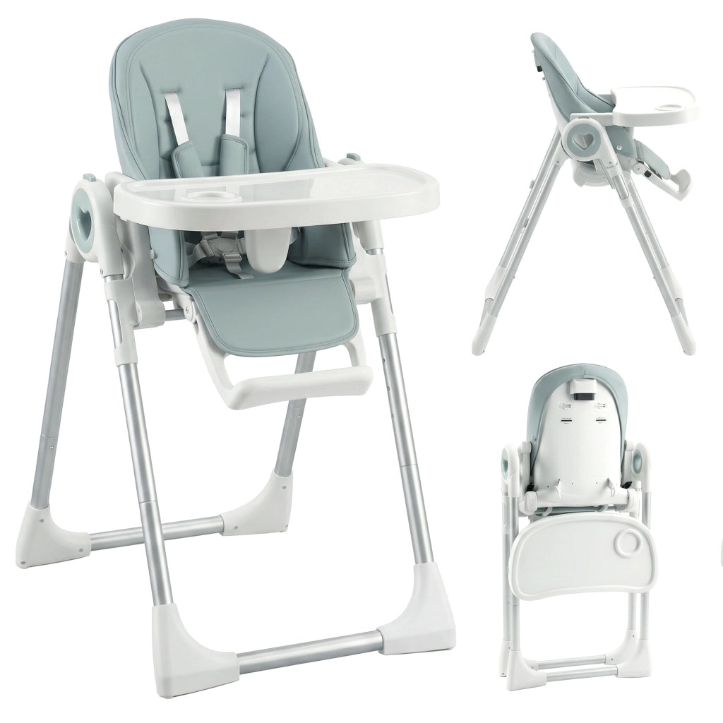 Seggiolone Pappa Pieghevole per Bambini 6-36 Mesi, Altezza Regolabile, Doppio Vassoio Lavabile e Ruote, Verde