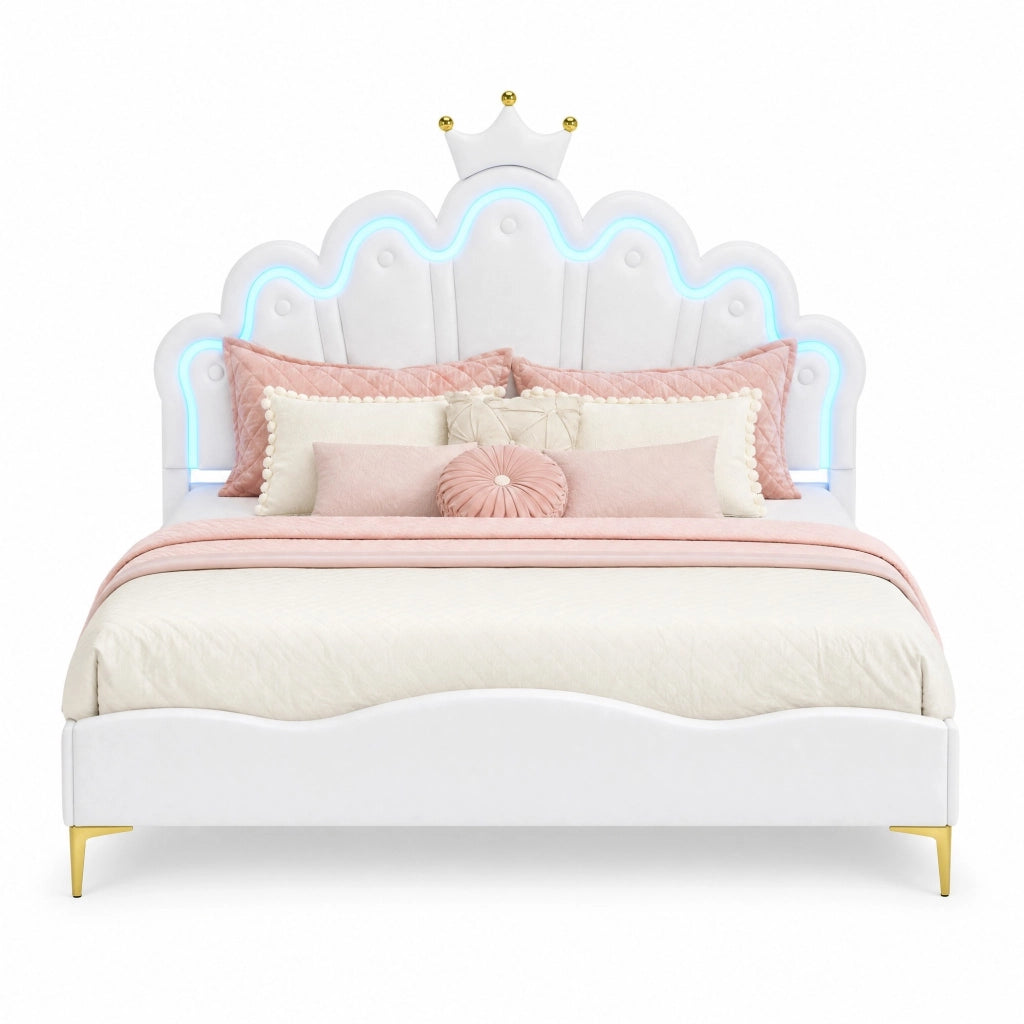 Letto matrimoniale 140x200 cm con LED e testiera a corona; rivestimento in PU bianco