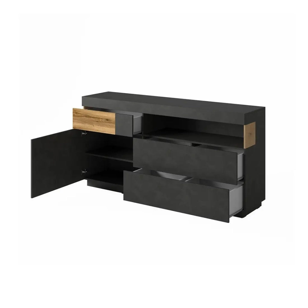 Collezione buffet KILES 170cm, con LED integrato. Color antracite grigio e rovere. Stile design.