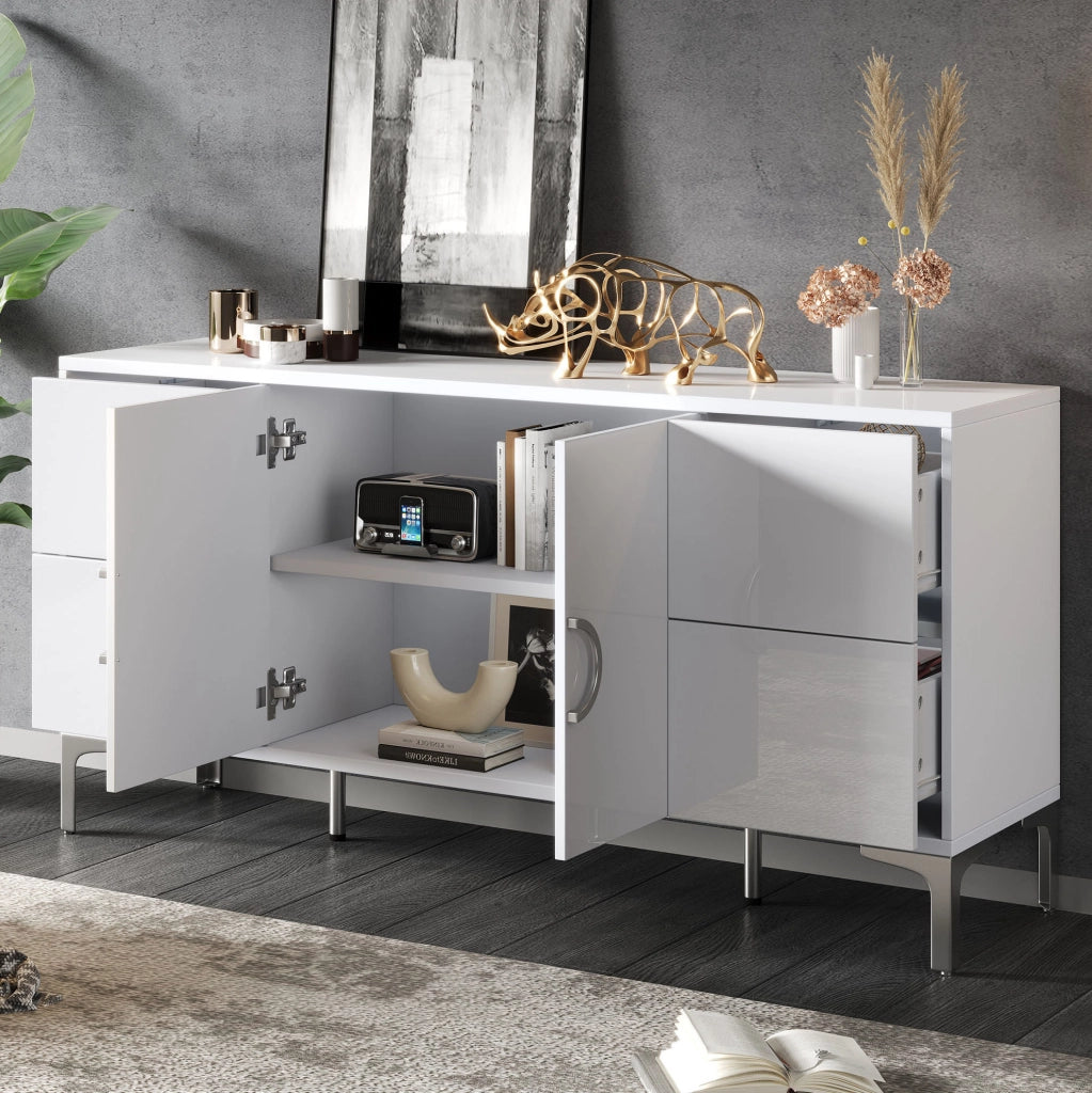 Credenza bianca lucida 150 cm con 4 cassetti e 2 ante