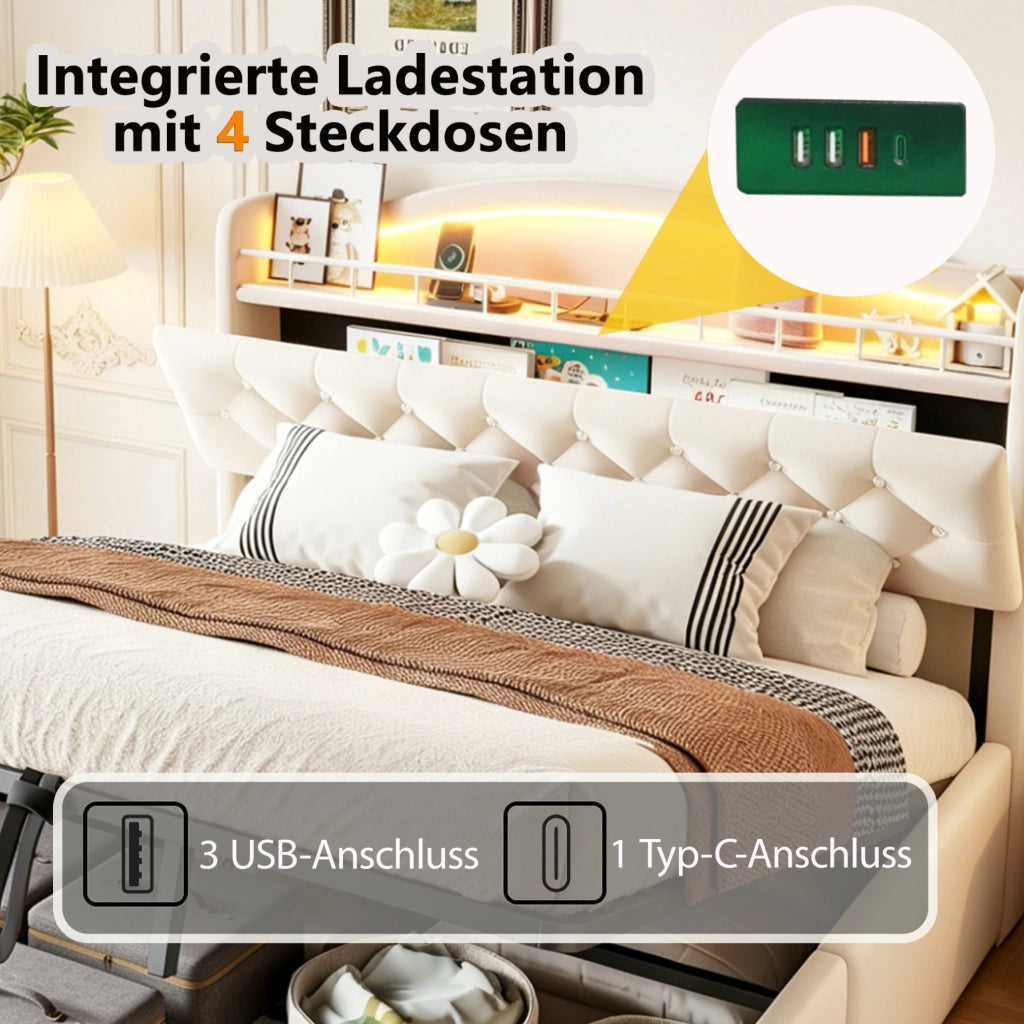 Letto imbottito 140x200 cm con contenitore idraulico e LED