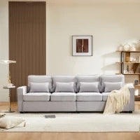 Divano Moderno a 4 Posti in Tessuto di Lino con Tasche sui Braccioli e 4 Cuscini Lombari, Adatto per Soggiorno e Ufficio, 264x83x87 cm, Grigio