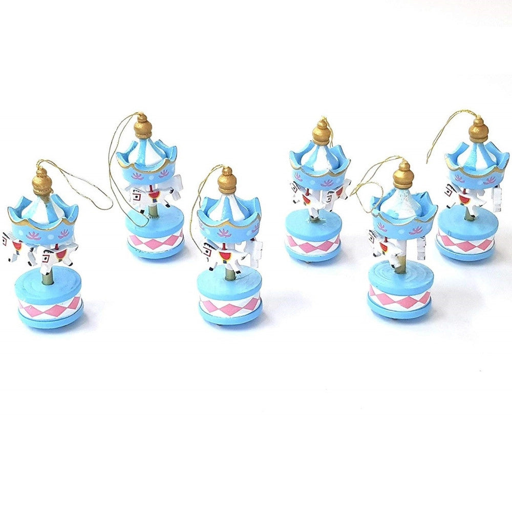 Trade Shop - 6 Mini Carillon Colore Azzurro Cc39835 Giostra Cavalli Decorazione Legno 8x3.5cm -