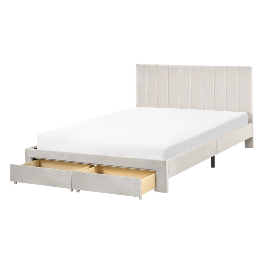 Letto matrimoniale 140 x 200 cm Bianco Sporco Rivestimento in velluto 4ft con cassetti Testiera Base a doghe Moderno