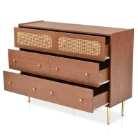 Credenza cucina Vintage con 6 Cassetti con Rattan e Maniglie Dorate per Camera da Letto e Soggiorno, Noce