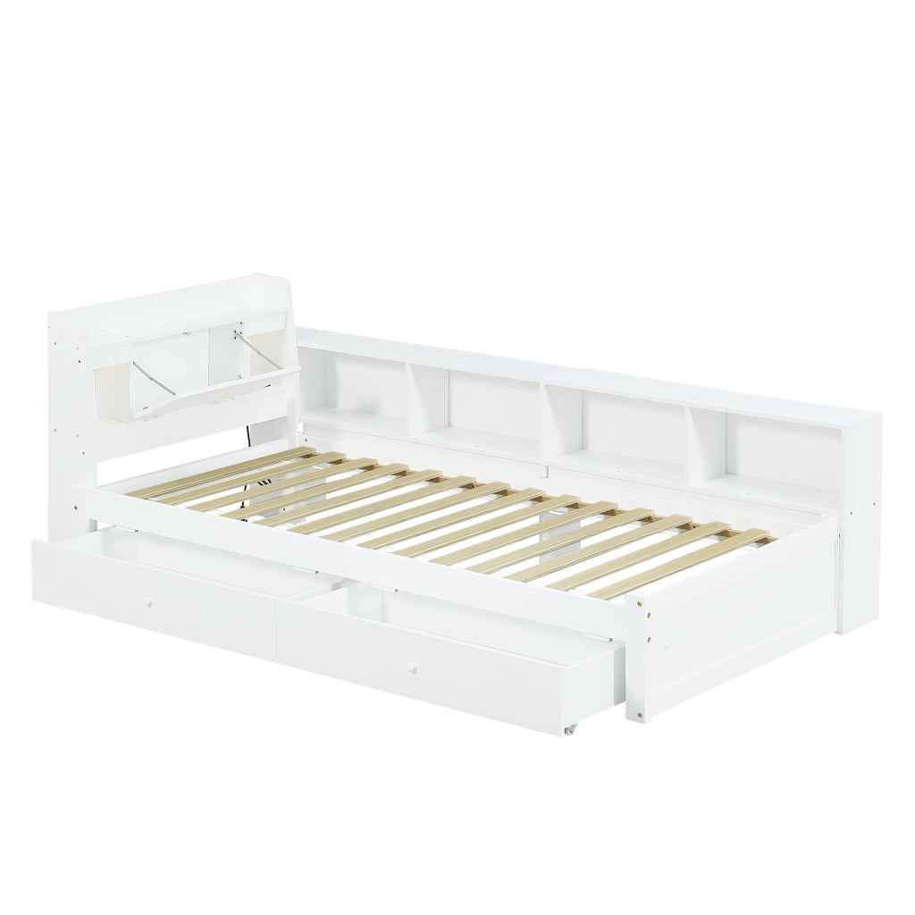Letto Singolo con Testiera, Cassetti, Comodini e LED ¨C MINIMAL ¨C Bianco, Pino/MDF, 90x200