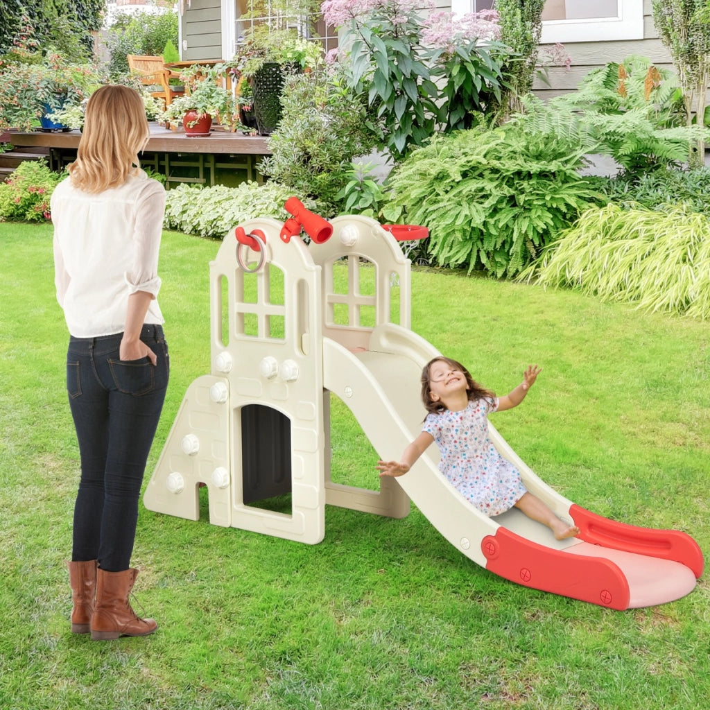 Scivolo grande per bambini 6 in 1 con canestro palla lancio dell'anello e cannocchiale, Set da gioco Rosa