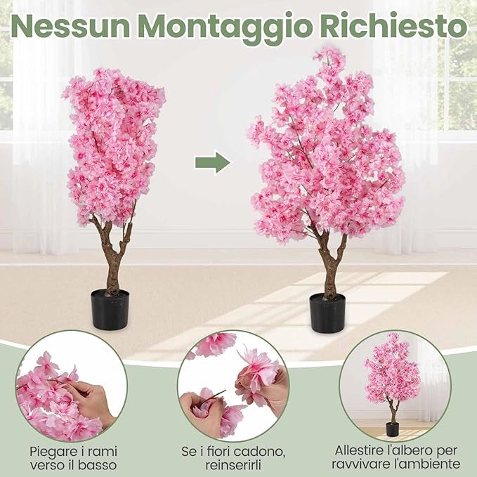 Albero di Ciliegio Artificiale da 118 cm con Fiori Rosa, Tronco PE Multiramo e Base Riempita di Cemento, Pianta Finta da Interno ed Esterno in Vaso per Ufficio, Casa, Matrimonio