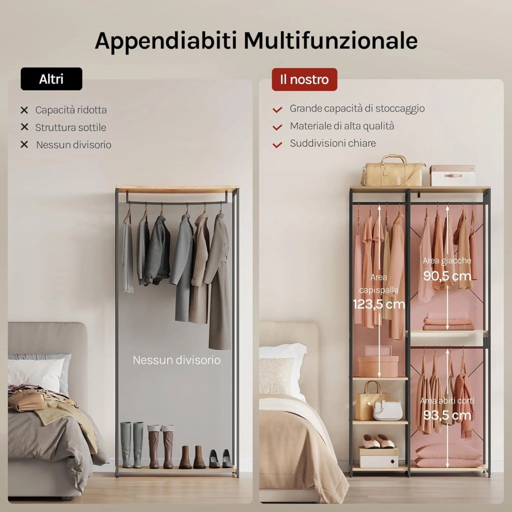 Stand Appendiabiti in MDF Attaccapanni Guardaroba Armadio Scaffale Porta Abiti Acciaio 90x40x204,5 cm