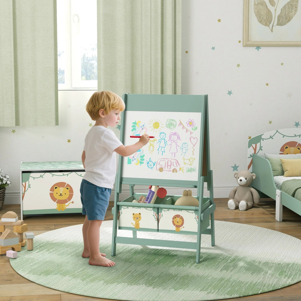 Lavagna per Bambini 3 in 1 54x46x94 cm con Cavalletto Rotolo di Carta e 2 Cestelli in Legno Verde