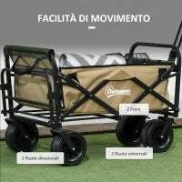 Carrello da Giardino 110L con Maniglia Telescopica e Fondo Apribile in Acciaio e Tessuto Oxford, Cachi