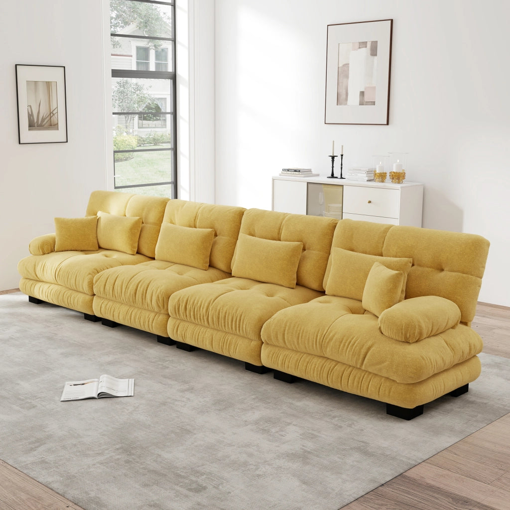 Divano modulare angolare in ciniglia con seduta profonda e cuscini decorativi e lombari giallo 406 × 77 × 81 cm