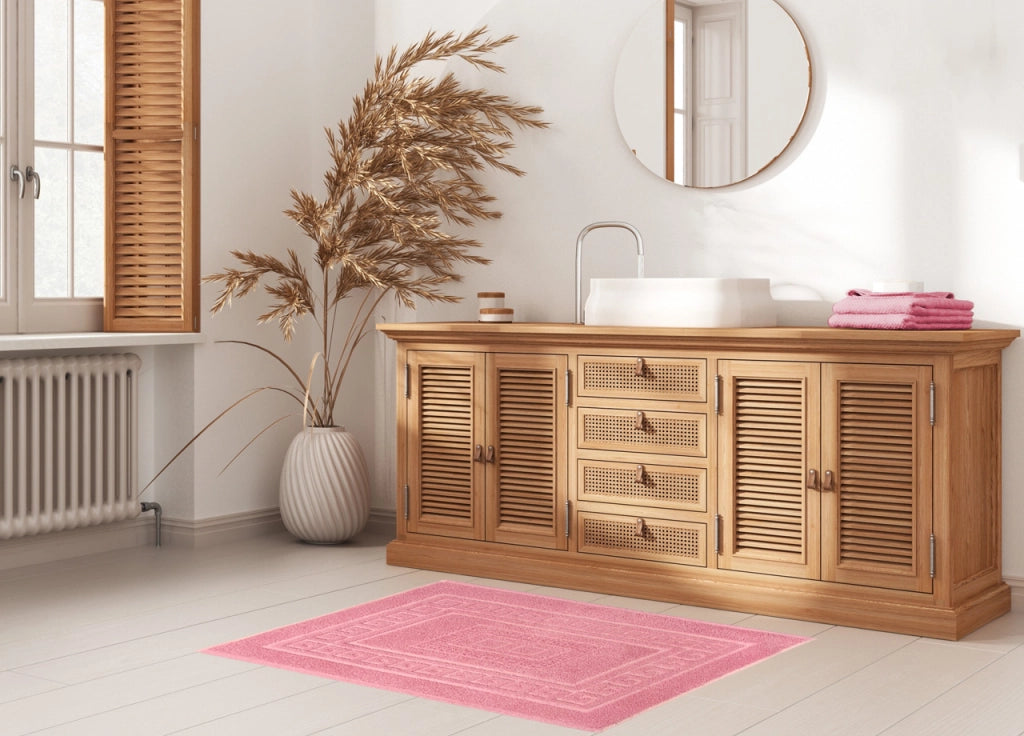 Tappeto Bagno Doccia Spugna Tinta Unita Torino Tappetino Super Assorbente In Cotone Pelo Corto Con Greca - 45x60 - Rosa