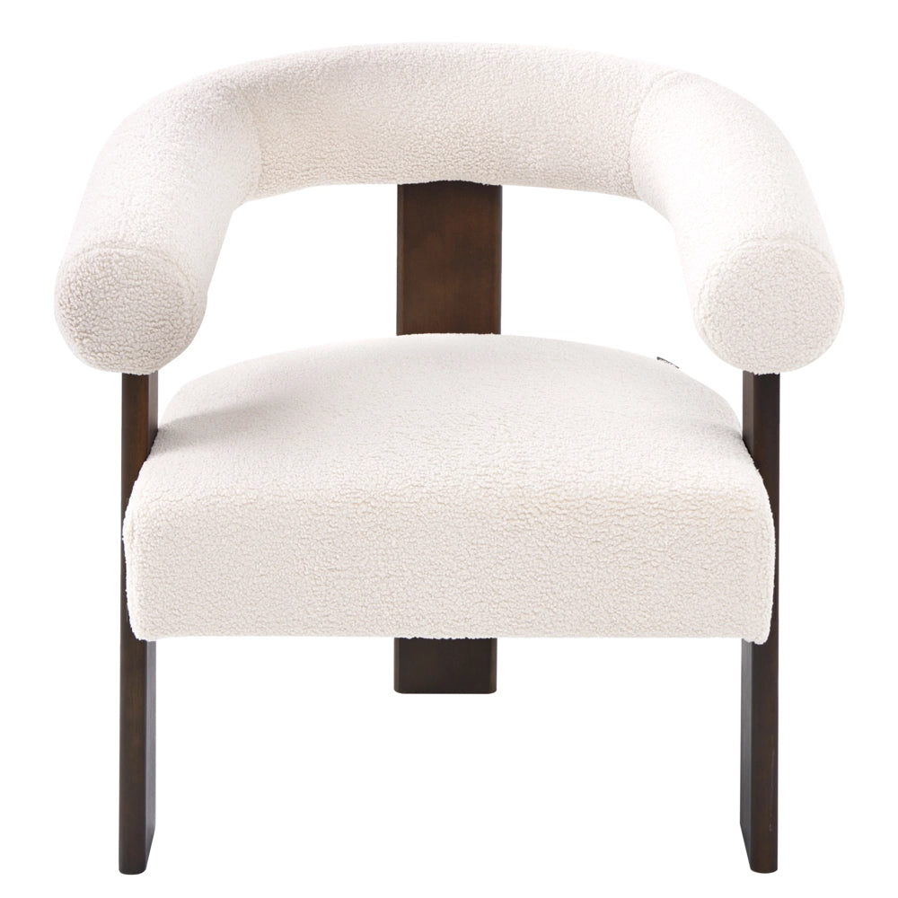 Poltrona bianco sporco e marrone scuro con rivestimento in bouclé design retrò gambe in legno per soggiorno