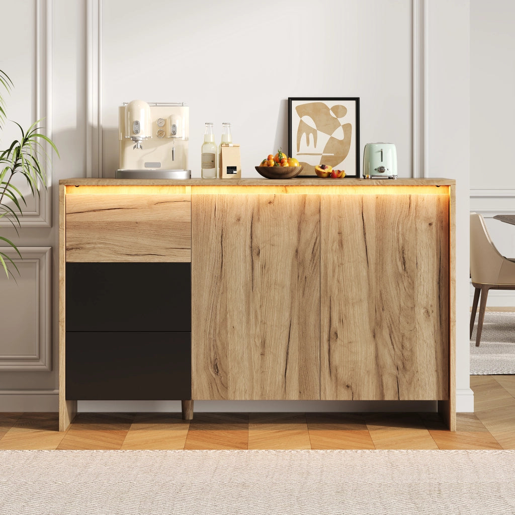 Credenza con Cassetti e Ante LED ¨C Xylo ¨C Legno e Nero 120x76x40 cm