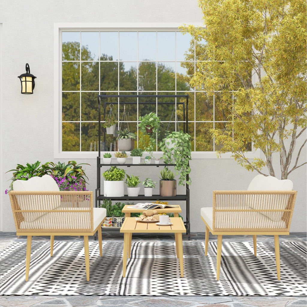 Set 4 Pezzi da Esterno 2 Divani con Cuscini e 2 Tavolini in Rattan PE Colore Legno