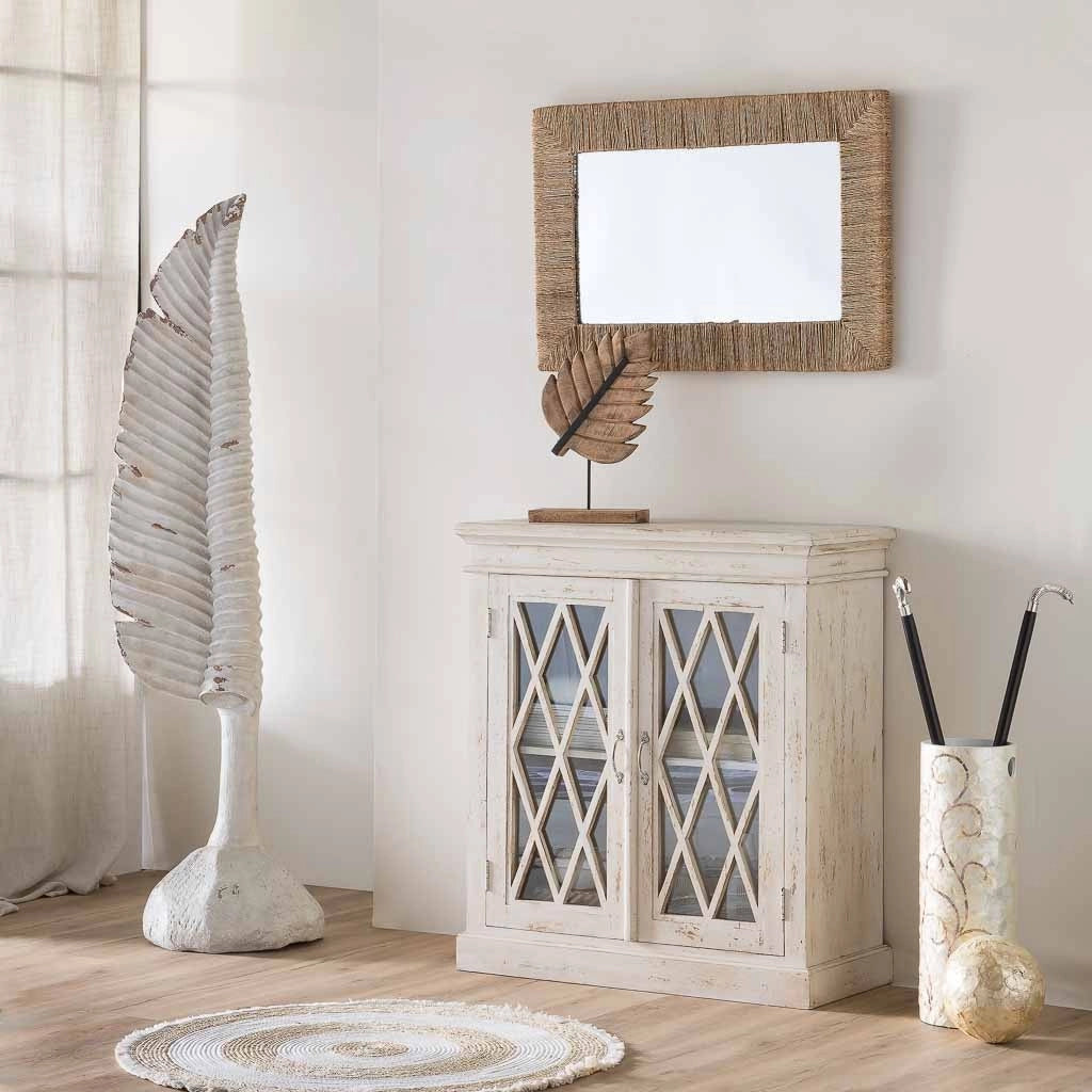 Mobile da ingresso in legno e vetro bianco lavorato a mano 90x40x100h