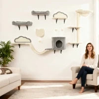 Set Mensole da parete per gatti da 6 pezzi, con amache, tiragraffi e lettini, Beige