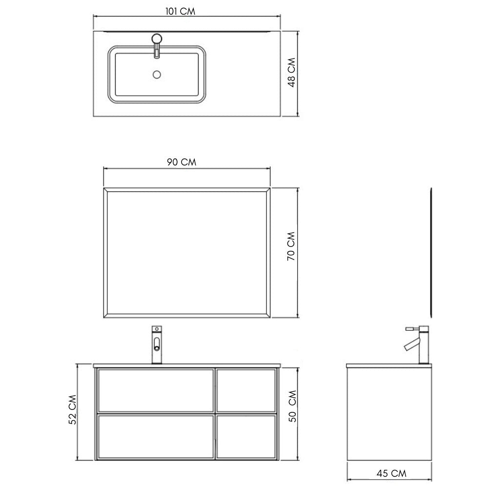 Mobile Bagno Sospeso 100 cm Lavabo e Specchio Malibù Grigio
