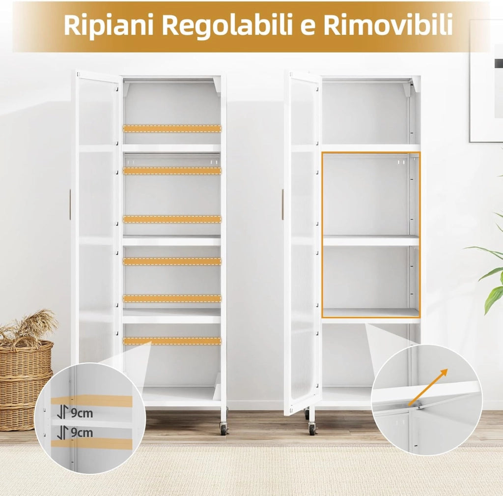 Mobile da Cucina in Metallo a 5 Ripiani, Credenza Salvaspazio con Mensole Regolabili 4 Ruote, Base Intercambiabile e Porta Semitrasparente, Organizzatore per Sala da Pranzo, Soggiorno (Bianco)