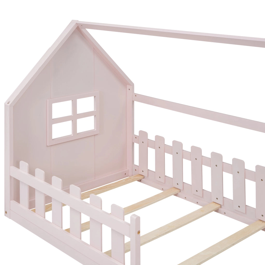 Letto per Bambini 90 x 200 cm; Letto Singolo a Forma di Casa; senza Materasso; in Pino e MDF; Rosa