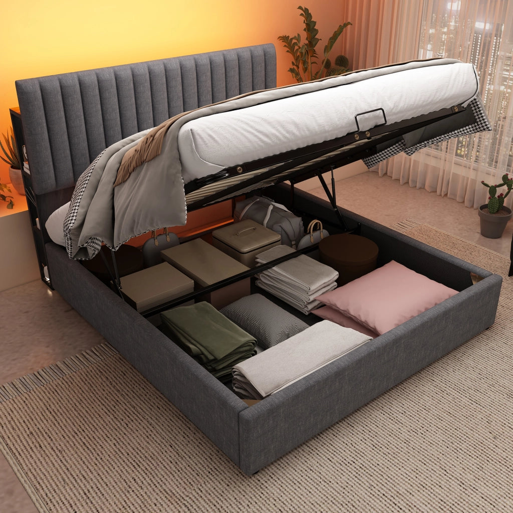 LETTO imbottito con materasso incluso, LED App-Control, USB Type-C, 160x200 cm, grigio