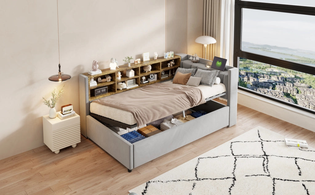 Letto matrimoniale con funzione divano letto imbottito in velluto grigio 90x200 cm