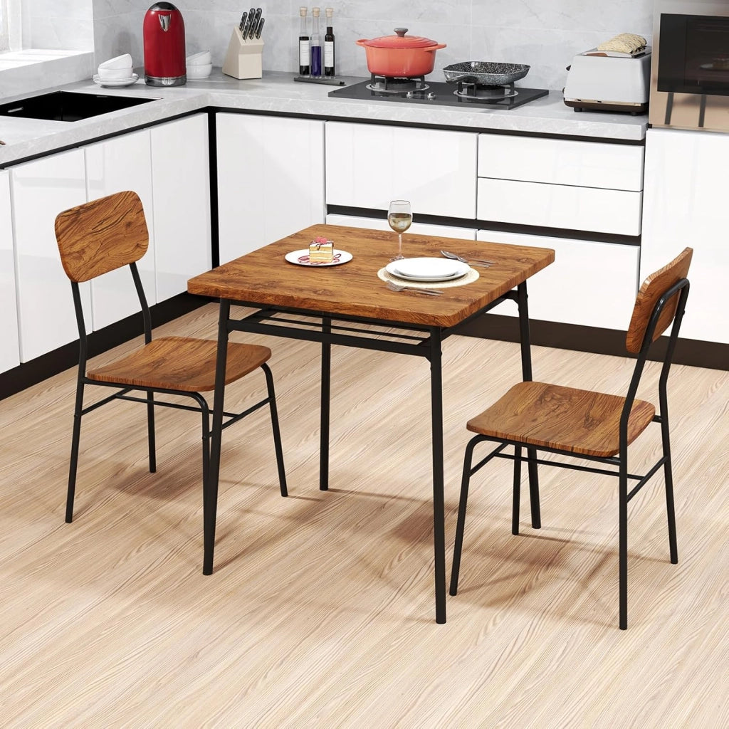 Set da pranzo 3 pezzi, tavolo da cucina con 2 sedie a incasso, ripiano in reticolo, seduta curva, schienale curvo, telaio in metallo, design compatto, industriale