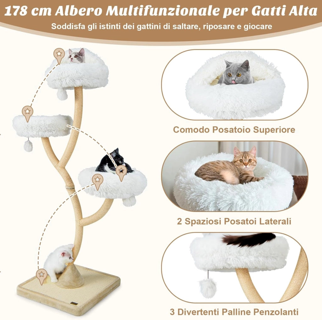 Albero per Gatti Alto 178 cm, Albero Tiragraffi per Gatti con Telaio di Supporto Curvo in Metallo, 3 Cucce Calde e Palline, Pali e Tavoletta Tiragraffi in Sisal, 59 x 59 x 178 cm (Beige)