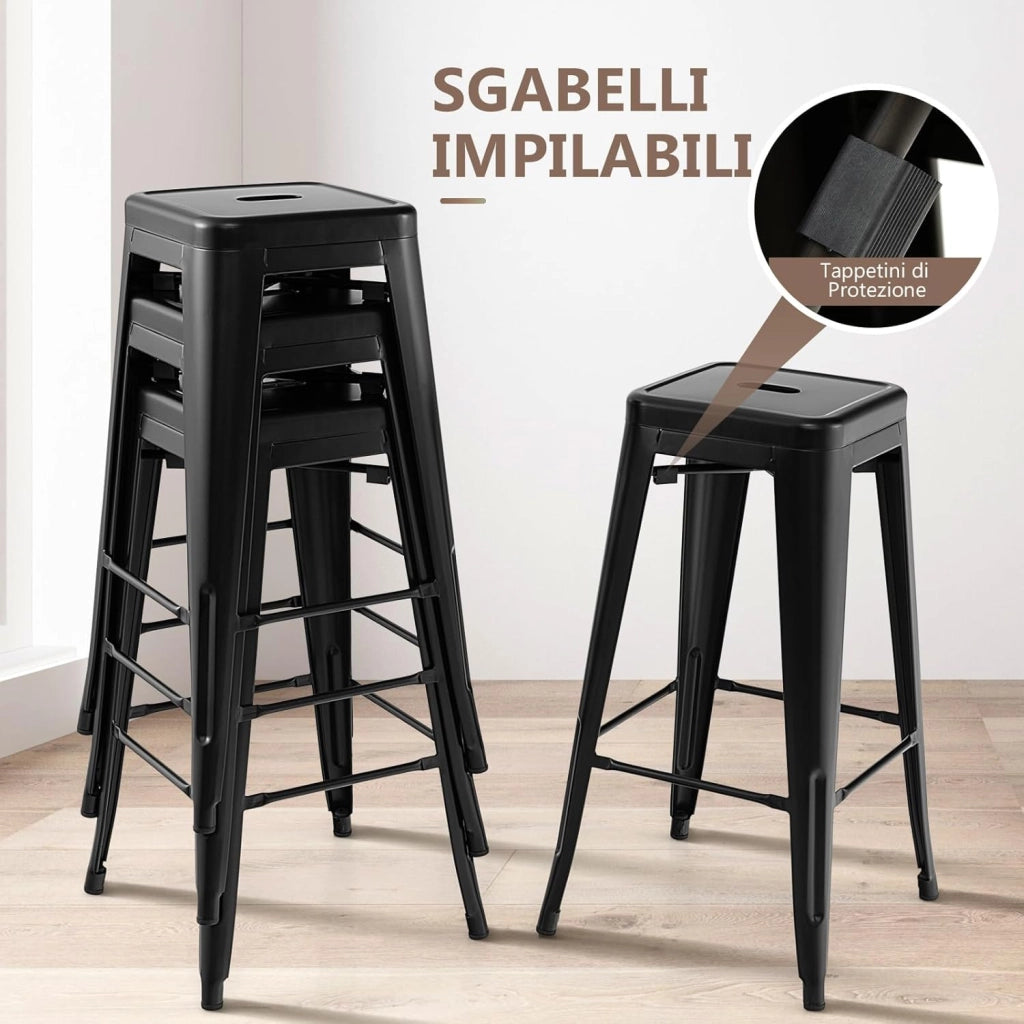 Set di 4 Sgabelli da Bar senza Schienale da 61/76 cm, Sgabelli in Metallo Impilabili con Poggiapiedi per Cucina, Sala da Pranzo e Bar (42 x 42 x 76 cm, Nero)