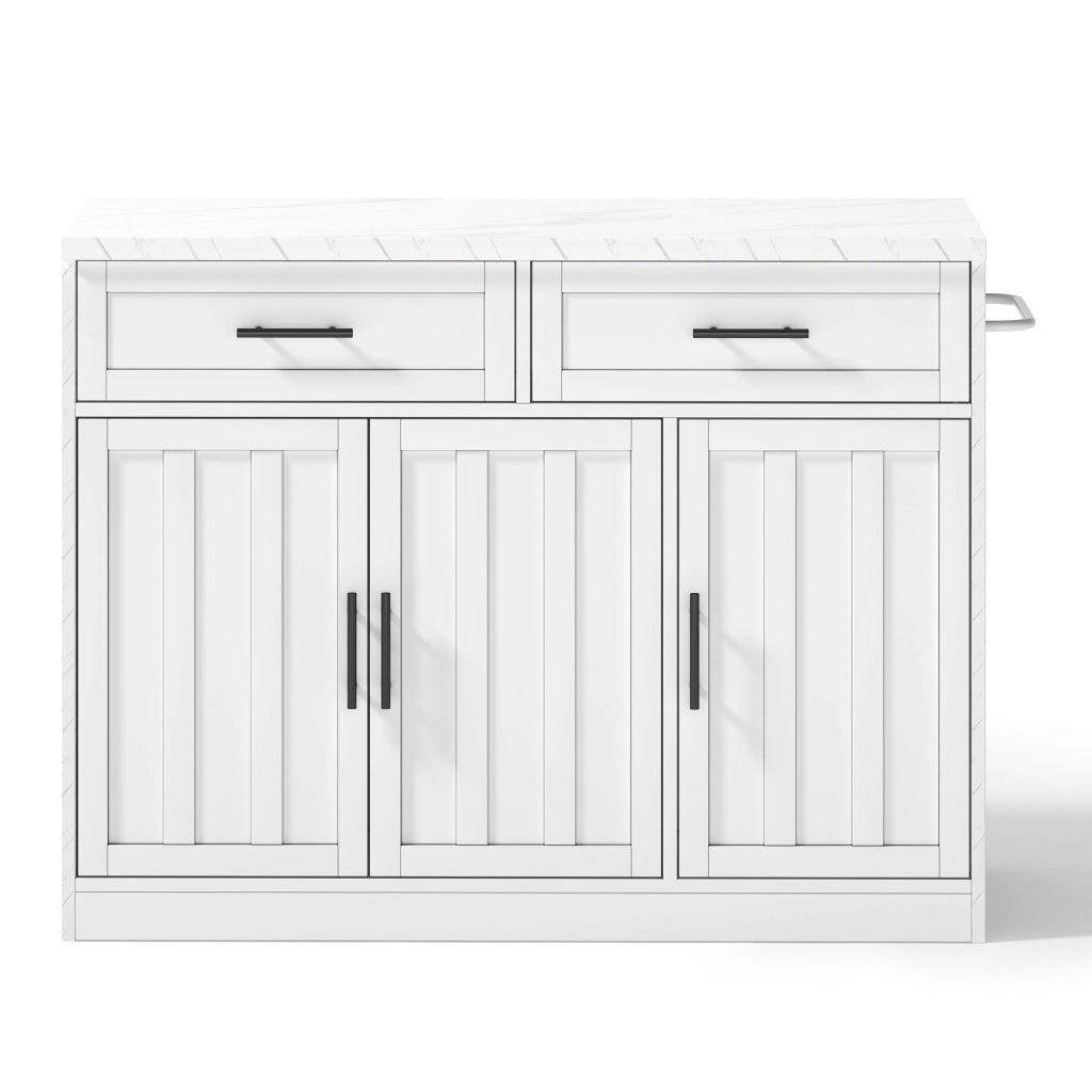 Isola da Cucina Fissa 120x60x91 cm Bianca Effetto Marmo con 2 Prese, 2 USB, 2 Cassetti e Zona Bar