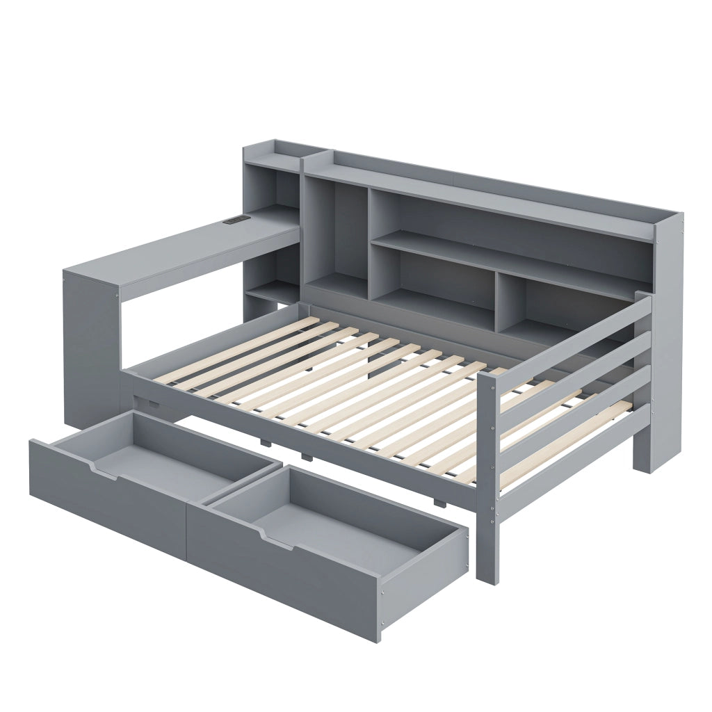 LETTO Multifunzionale 90x200 cm in legno grigio con scrivania, ripiani e cassetti