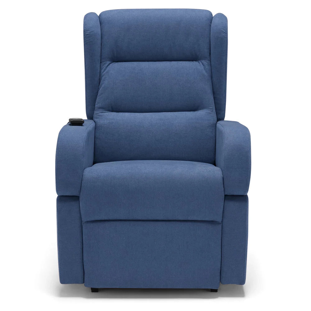 Poltrona relax elettrica Bilbao per anziani, 2 motori, 4 ruote, reclinazione e alzapersona, braccioli estrabili, doppia pediera, colore Blu