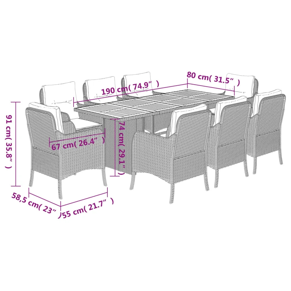 Set da Pranzo da Giardino 9 pz con Cuscini Beige in Polyrattan 3211903