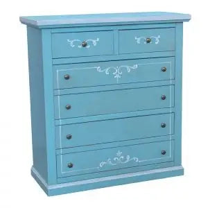 cassettiera cinquino in legno Shabby chic azzurro anticato decorato provenzale 4 + 2 larga