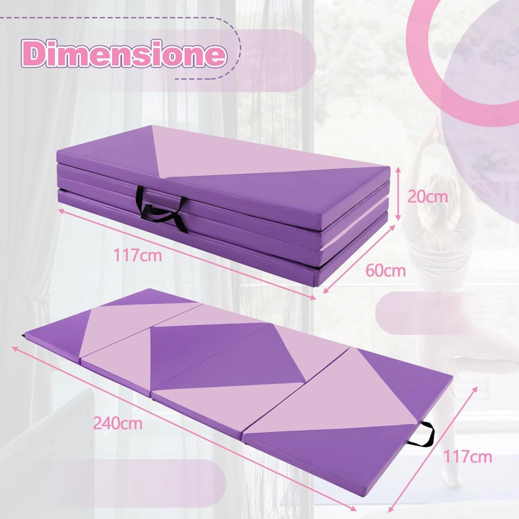 Tappetino Ginnastica Pieghevole 240 CM, Tappetino Fitness con Maniglie e Chiusure a Strappo per Stretching, Yoga, Arti Marziali da Casa e Palestra