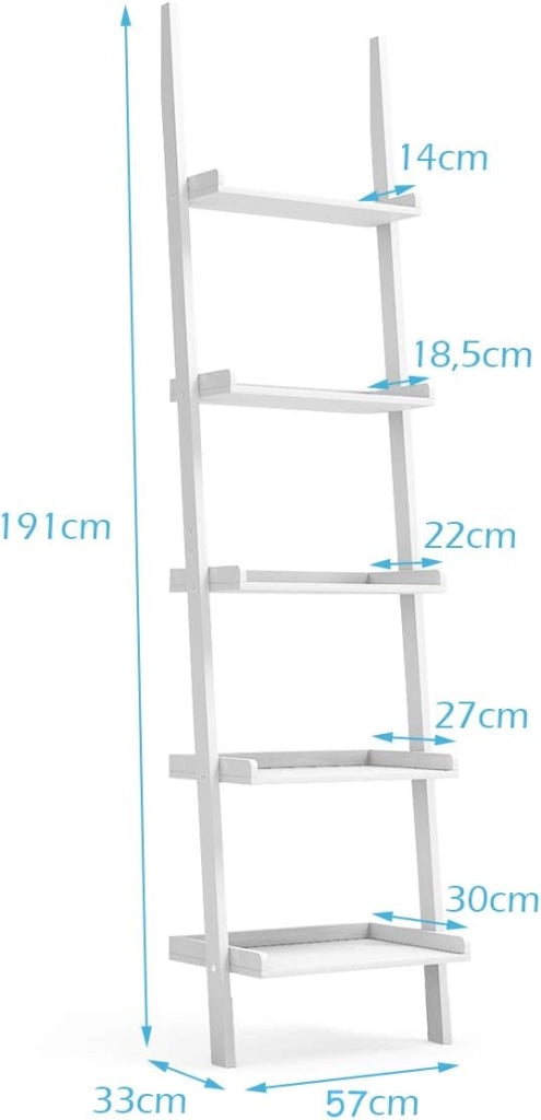 Scaffale Portaoggetti a Scala, a 5 Ripiani, Librerie Contro Parete, Portalibri Salvaspazio, per Soggiorno/Ufficio/Camera, Carico di 25kg, 57x33x191cm, Bianco
