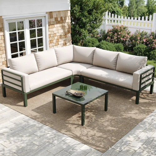 Set Mobili da Giardino con Cuscini Beige ¨C MINIMAL ¨C Poltrona, Divano, Tavolino in Vetro, 4-5 Posti